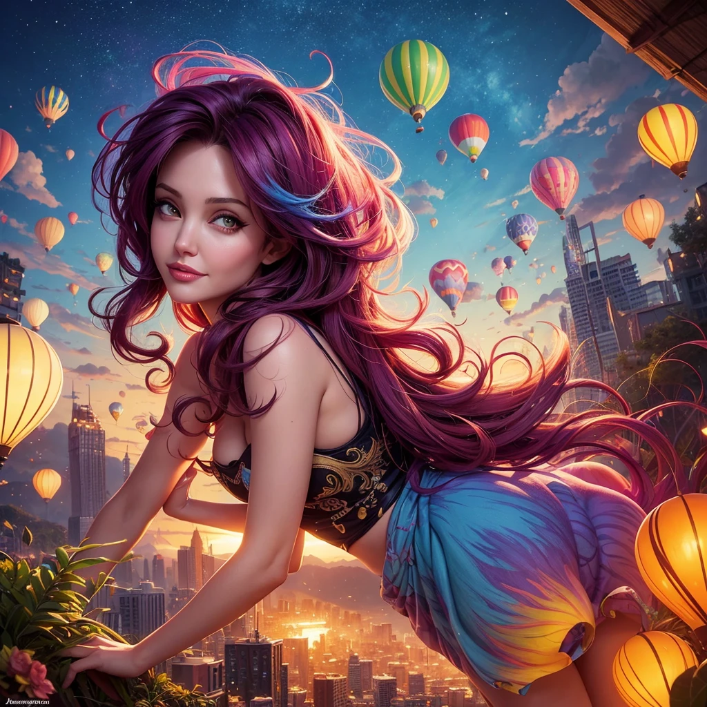 a painting of gigantic woman's head with face of Winona Ryder morphed with Angelina Jolie with colorful hair in a shape of tree and lianas, a neck growing out of the ground, dalightful smile, a city skyline, hot air balloons, flying bulbs and plant trees in the air, beeple and jeremiah ketner, dan mumford tom bagshaw, colorfull digital fantasy art, inspired by Cyril Rolando, inspiring digital art, colorful digital painting, paint splashes, paint driping, gorgeous digital art, beautiful art uhd 4 k, stunning digital illustration, vibrant digital painting, stylized digital art