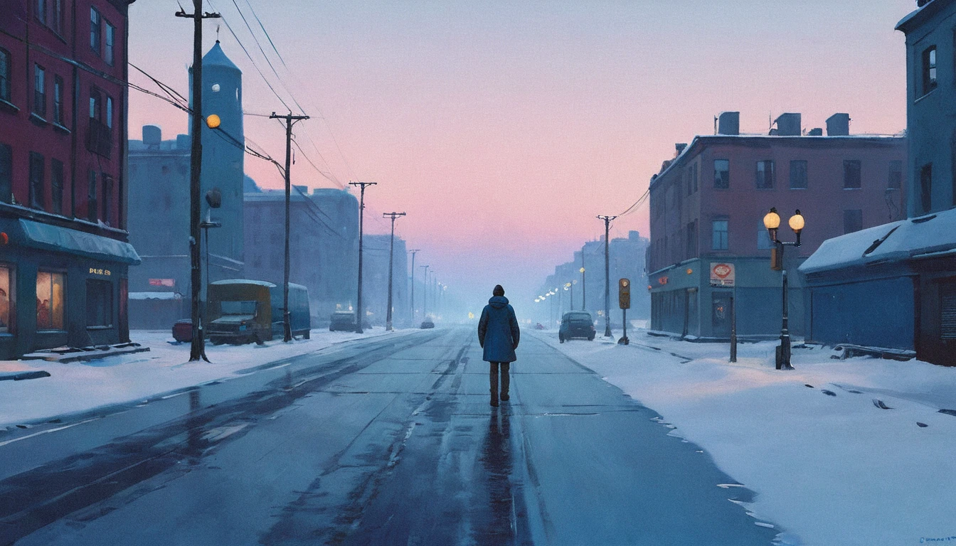 a person standing on a snowy road in the city, expansive, long shot, aesthetic photography, low brightness, dim, blue color pallette, snow particles, bokeh, wallpaper, highest quality, masterpiece, high definition painterly textures, ispired by artstation art and Simon Stalenhag's oil paint artstyle. Somber, highly detailed, absolutely breathtaking
