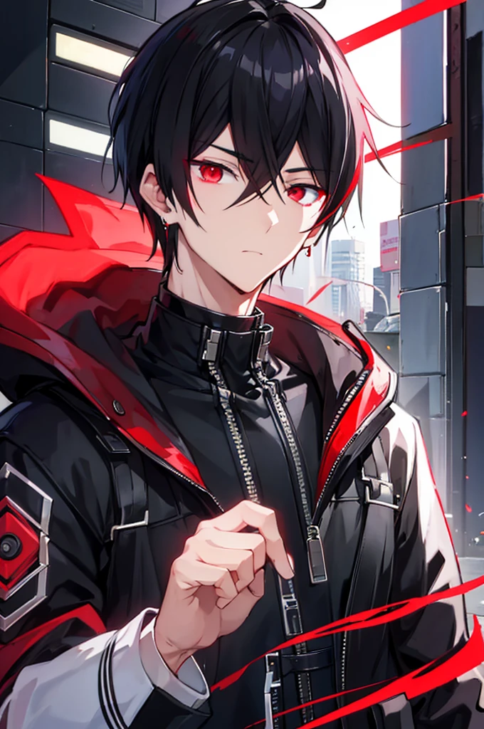 portrait, male, beauty, black hair, red eyes, cyberpunk, Black hoodie, white coat, relaxed, , No ear decoration