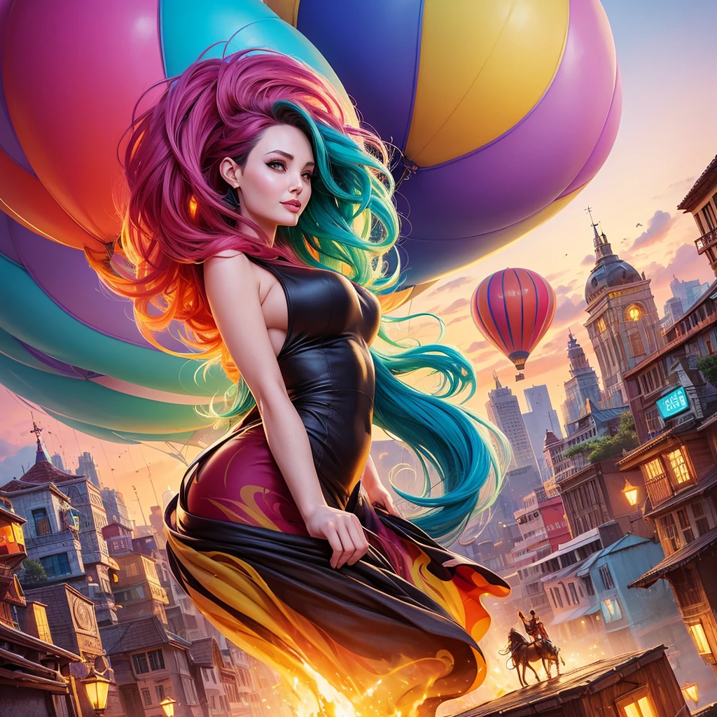 a painting of gigantic woman's head with face of Winona Ryder morphed with Angelina Jolie with colorful hair in a shape of tree and lianas, a neck growing out of the ground, dalightful smile, a city skyline, hot air balloons, flying bulbs and plant trees in the air, beeple and jeremiah ketner, dan mumford tom bagshaw, colorfull digital fantasy art, inspired by Cyril Rolando, inspiring digital art, colorful digital painting, paint splashes, paint driping, gorgeous digital art, beautiful art uhd 4 k, stunning digital illustration, vibrant digital painting, stylized digital art