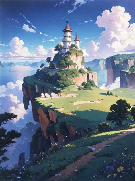 Practical, for real, Beautiful and stunning landscape oil painting Hayao Miyazaki Studio Ghibli&#39;Petal grassland with blue sky and white clouds--v6