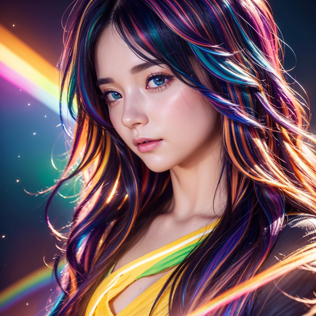 {{obra de arte}}, mais alta qualidade, Papel de parede CG Unity 8k altamente detalhado, iluminação cinematográfica, reflexo de lente, lindos olhos detalhados, preto, linha lateral, cabelo multicolorido, colorida light, partícula, heterochromia, (colorida:1.5), (colorida hair:1.5),
