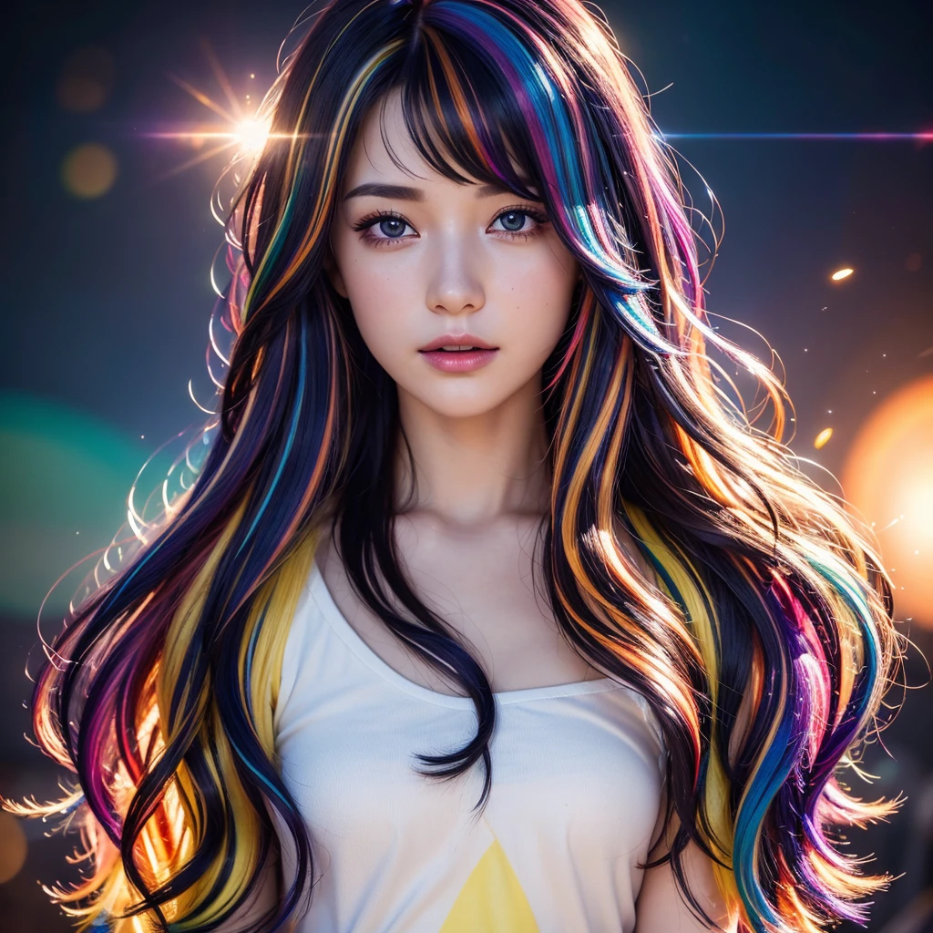 {{obra de arte}}, mais alta qualidade, Papel de parede CG Unity 8k altamente detalhado, iluminação cinematográfica, reflexo de lente, lindos olhos detalhados, preto, linha lateral, cabelo multicolorido, colorida light, partícula, heterochromia, (colorida:1.5), (colorida hair:1.5),
