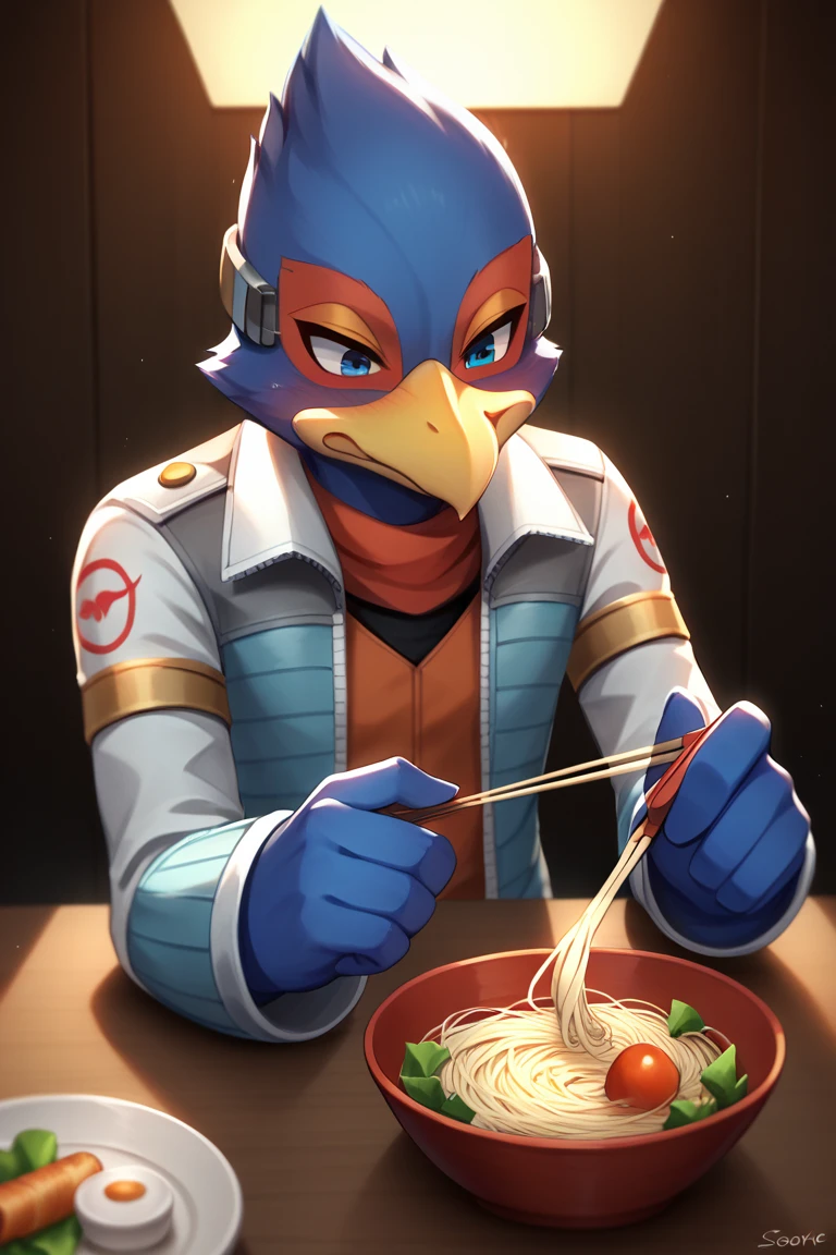 スcore_9, スcore_8_superior, スcore_7_superior, core_6_superior, One boy, alone, Falco Lombardi, Inside the spaceship, Beckoning, Straight ahead, in a blue, dark room,Eating somen noodles,Brown bowl in hand、holding chopsticks in one hand。Eat noodles。Embarrassed。