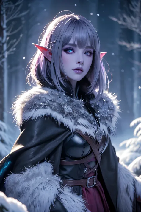(Ultra-detailed face, looking away, Fantasy Illustration with Gothic, Ukiyo-e, Comic Art), 
BREAK 
(FrozenSilver: This is a jungle in the snowfield, and the details are as follows. Huge dense glistening ice trees, frozen forest trees, ice crystals glowing like stars, stardust glowing red like fireworks, fierce snowstorms, forest trees hazed by snow plumes), 
BREAK 
(DarkElves: A middle-aged dark elf woman with silver color hair, blunt bangs, bob cut and dark purple color skin, lavender color eyes), (DarkElves: She wears a coat made of fur and bird feathers and leather boots), 
BREAK 
(The dark elf woman turns her back, stands tall, and reaches out her hand to collect the shiny blue ice crystals from the trees and place them in a wicker basket)