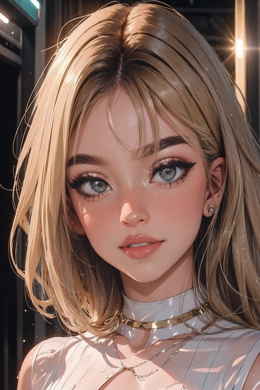 ((((masterpiece, best quality, high resolution)))), Extremely detailed 8K, Beautiful girl with slender body, e-girl, (Ultra HD, Ultra-detailed, Highly detailed, Highly realistic, Ultra-realistic, photograph realistic), (1girl:1.5), (Realistic blonde hair with dark roots), wavy hair, boho bob cut,(dark makeup, pink eyeshadow), facing at camera, light smile, (white and gold outfit, see through clothes, wet skin, transparent). (space cruise), coy grin