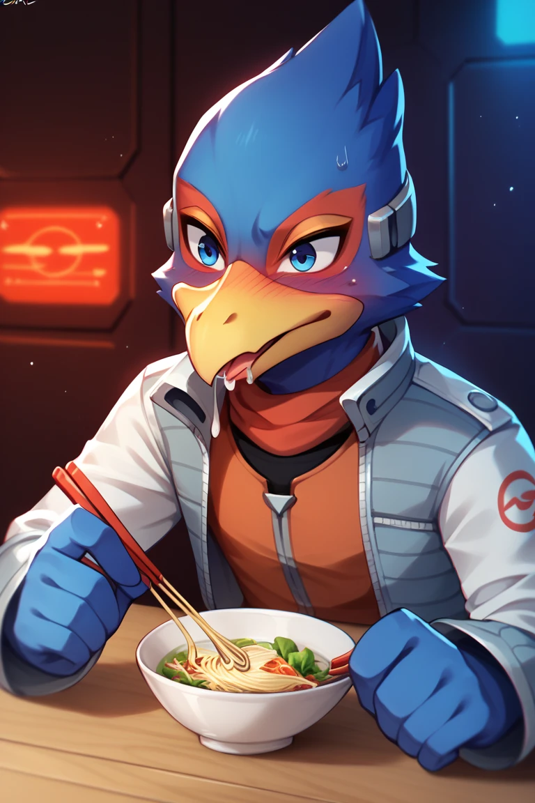 スcore_9, スcore_8_superior, スcore_7_superior, core_6_superior, One boy, alone, Falco Lombardi, Inside the spaceship, Beckoning, Straight ahead, in a blue, dark room,Eating somen noodles,holding chopsticks in one hand,Slurping noodles,Embarrassed,Has a shy look on his face。 Detailed face, High resolution,Drooling from the mouth,