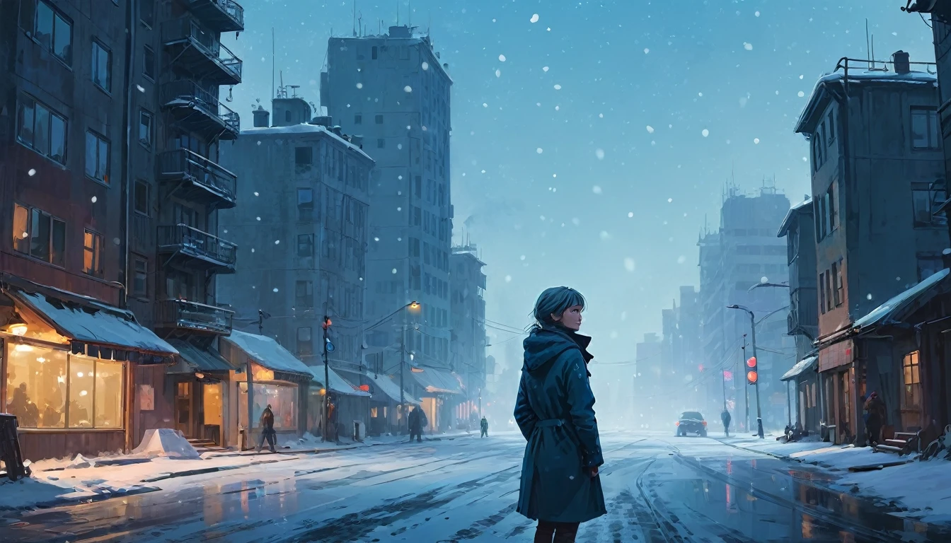 side angle shot of a person standing on in a city, snow everywhere, looking sideways at camera, lot's of snowflakes, haze, expansive, long shot, aesthetic photography, low brightness, dim, blue color pallette, snow particles, bokeh, wallpaper, highest quality, masterpiece, high definition painterly textures, inspired by artstation art and Simon Stalenhag's oil paint artstyle. Somber, highly detailed, absolutely breathtaking, dynamic angle, dutch angle,
