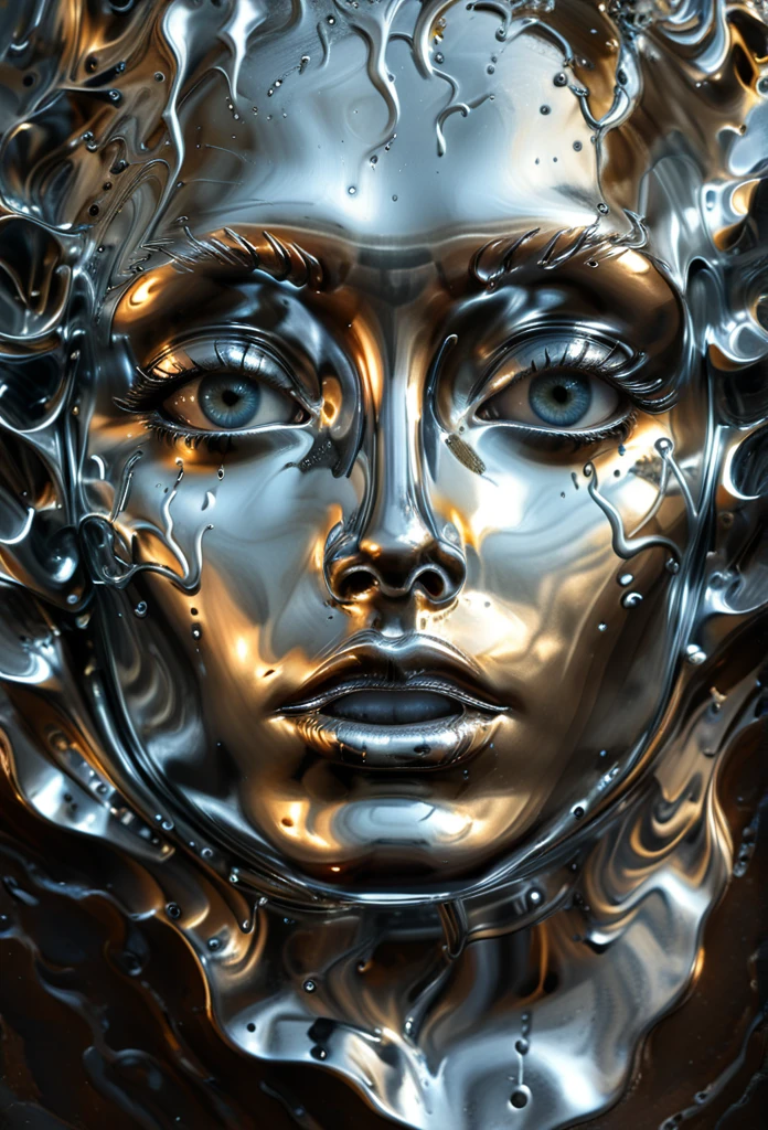 (best quality,4k,8k,highres,masterpiece:1.2),ultra-detailed,(realistic,photorealistic,photo-realistic:1.37),liquid metal face,beautiful detailed eyes,beautiful detailed lips,extremely detailed face,molten liquid metal,chrome,liquid metal sculpture,metallic,shiny,reflective,glowing,surreal,dramatic lighting,cinematic,digital art