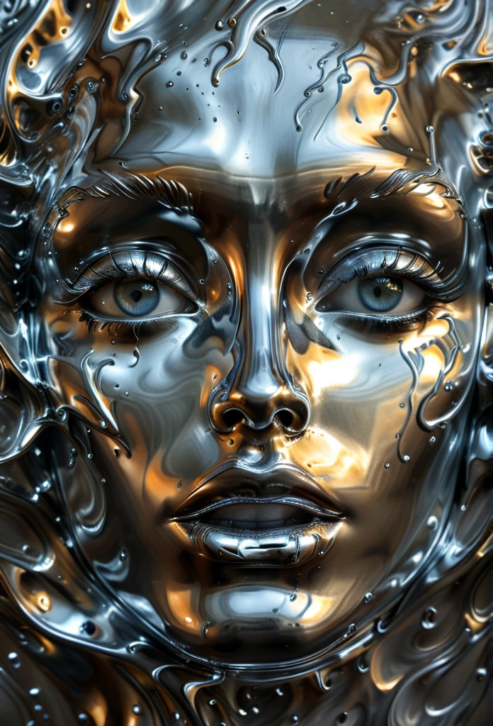 (best quality,4k,8k,highres,masterpiece:1.2),ultra-detailed,(realistic,photorealistic,photo-realistic:1.37),liquid metal face,beautiful detailed eyes,beautiful detailed lips,extremely detailed face,molten liquid metal,chrome,liquid metal sculpture,metallic,shiny,reflective,glowing,surreal,dramatic lighting,cinematic,digital art