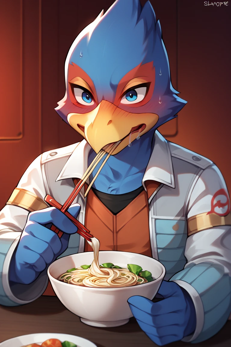 スcore_9, スcore_8_superior, スcore_7_superior, core_6_superior, One boy, alone, Falco Lombardi, Inside the spaceship, Beckoning, Straight ahead, in a blue, dark room,Eating somen noodles,holding chopsticks in one hand,Slurping noodles,Embarrassed,Has a shy look on his face。 Detailed face, High resolution,Drooling from the mouth,