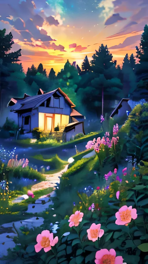 "Create a highly detailed, high-resolution image of an anime landscape depicting a sunset over lush green meadows with beautiful flowers.The sky should be a gradient of warm colors, transitioning from deep orange and pink near the horizon to a soft purple and blue higher up. The setting sun should cast a golden colour spreading, create a that landscape a anime small house on the top of hill where land ends and a view of very beautiful forest and small van on curvy road of forest beside of house where land ends, glowing effect, colour combination, vibrant colour combination,green, yellow,pink flower raining towards,depth,hd ,uhd,8k resolution 