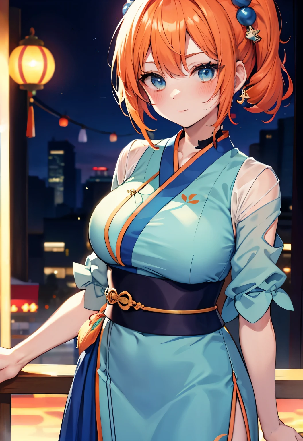 Orange Hair，blue eyes，short hair，Side Ponytail，Chinatown，Blue Hanfu，blush，Large Breasts，，Xiaoxia（Pokémon）