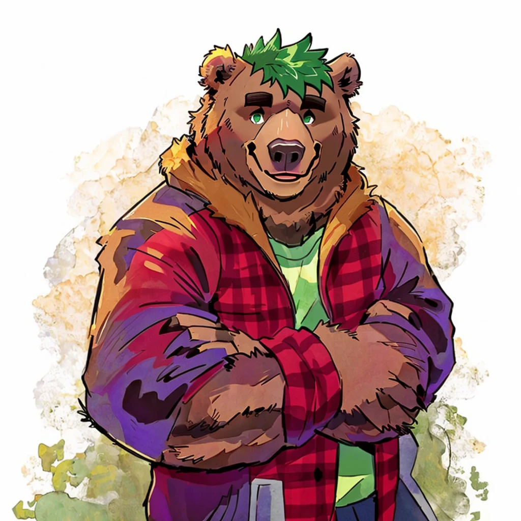 a caramel brown colored fur and hyper muscular grizzly bear, green hair, green eyes, closed smile, bara bear, dressed with a lumberjack jacket, himbo body, high quality furry art.