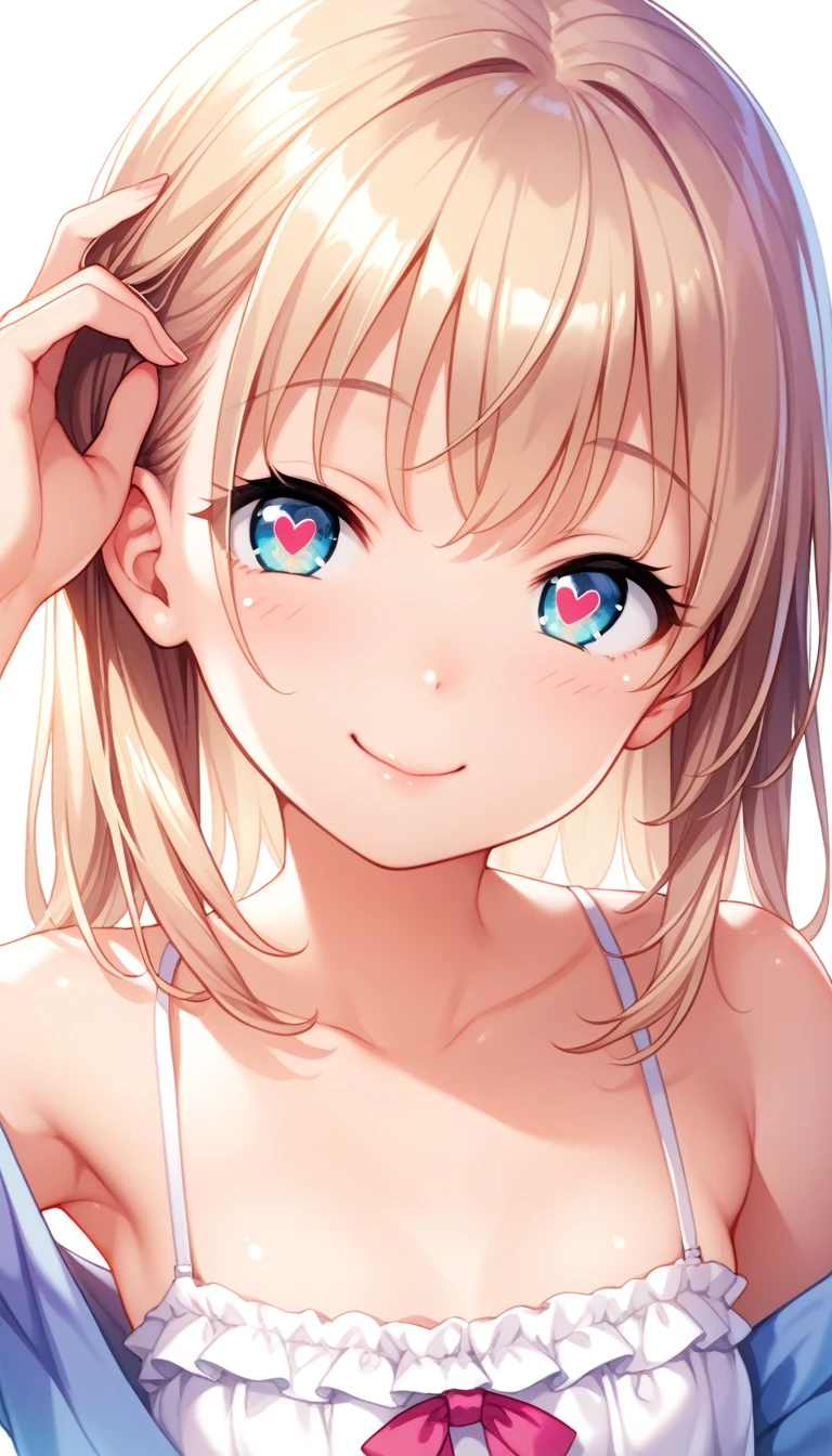 1girl, index finger on own head, young girl, mesugaki, mesugaki smile, Teasing, naughty looks, heart eyes, tidy, Focus on the girl, glossy skin, oily skin, Close-up of the face, Masterpiece:2, Top Quality, high Quality, Very Detailed, ultra  High Resolution, super High Resolution, Beautiful Detail, Dynamic angles, perfect lighting, 8k, Animation Style,  cartoon style, game cg, sfw, 