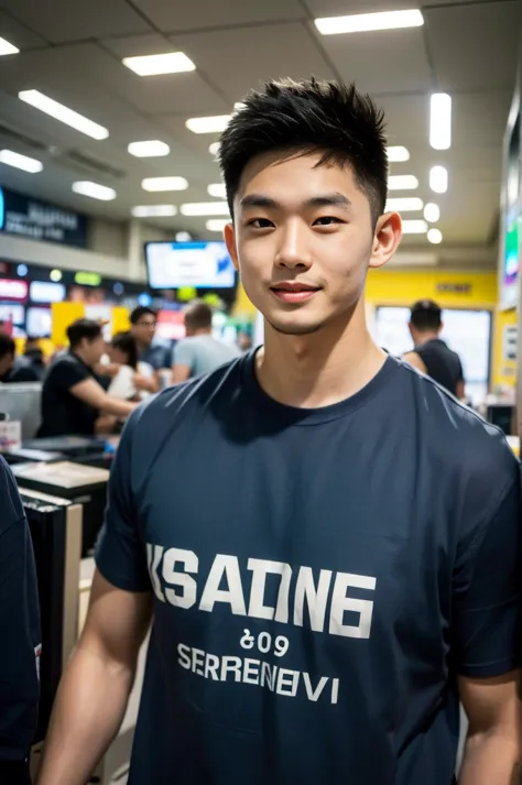 ((realistic daylight)) , young korean man in a black sports shirt only, no stripes. ,jeans, a handsome, muscular young asian man...