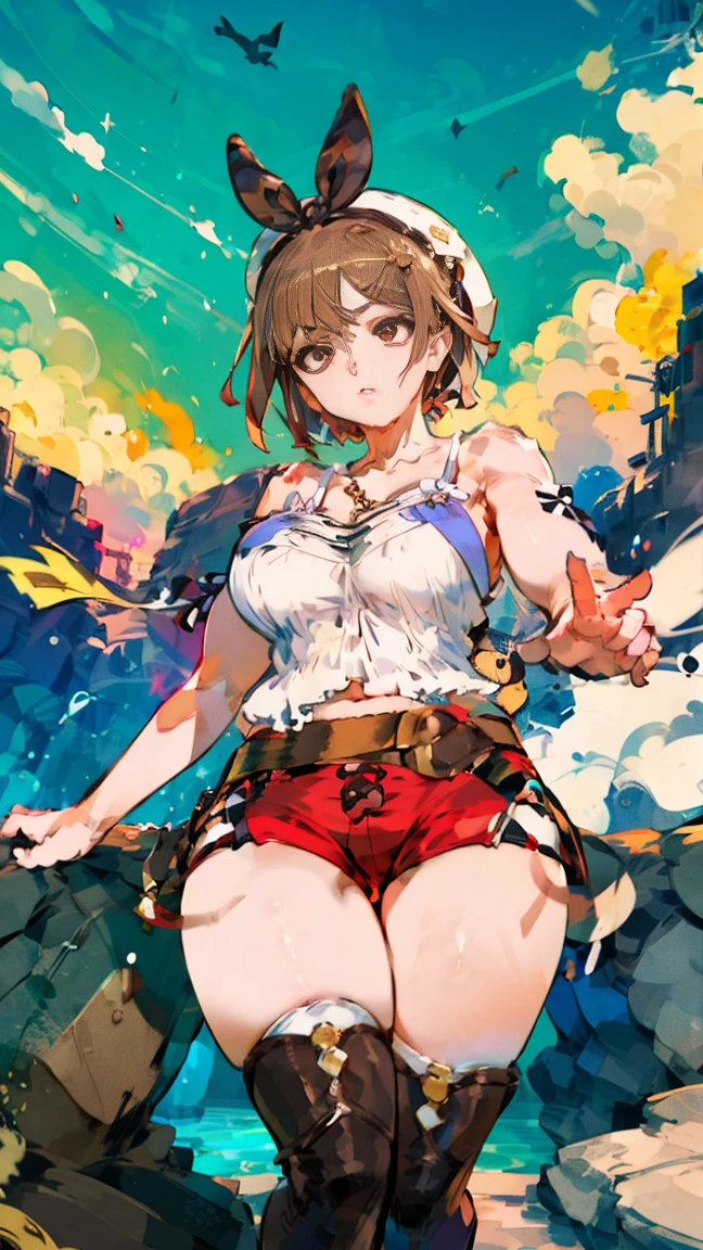 (Highest quality, 8k, masterpiece :1.3),Lizaリン・シュタウト(Lizaのアトリエ),Liza, One woman,Large Breasts,short hair,Brown Hair,hair band,Clothing,hat,White shirt,White camisole,Red shorts,Brown long boots,nsfw,Plump body,Thighs,Full Nelson Pose,Armlock,