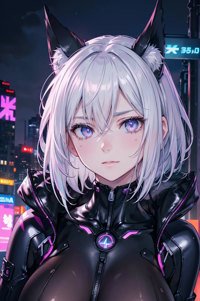 cyberpunk, latex, silver hair, short hair, silver eyes, cat ears, girl, big breasts, (best quality,4k,8k,highres,masterpiece:1.2),ultra-detailed,(realistic,photorealistic,photo-realistic:1.37),intricate details, cinematic lighting, highly detailed face, extremely detailed eyes and face, beautiful detailed eyes, beautiful detailed lips, longeyelashes, dramatic pose, dynamic action, neon lights, futuristic city, advanced technology, glowing highlights, vivid colors