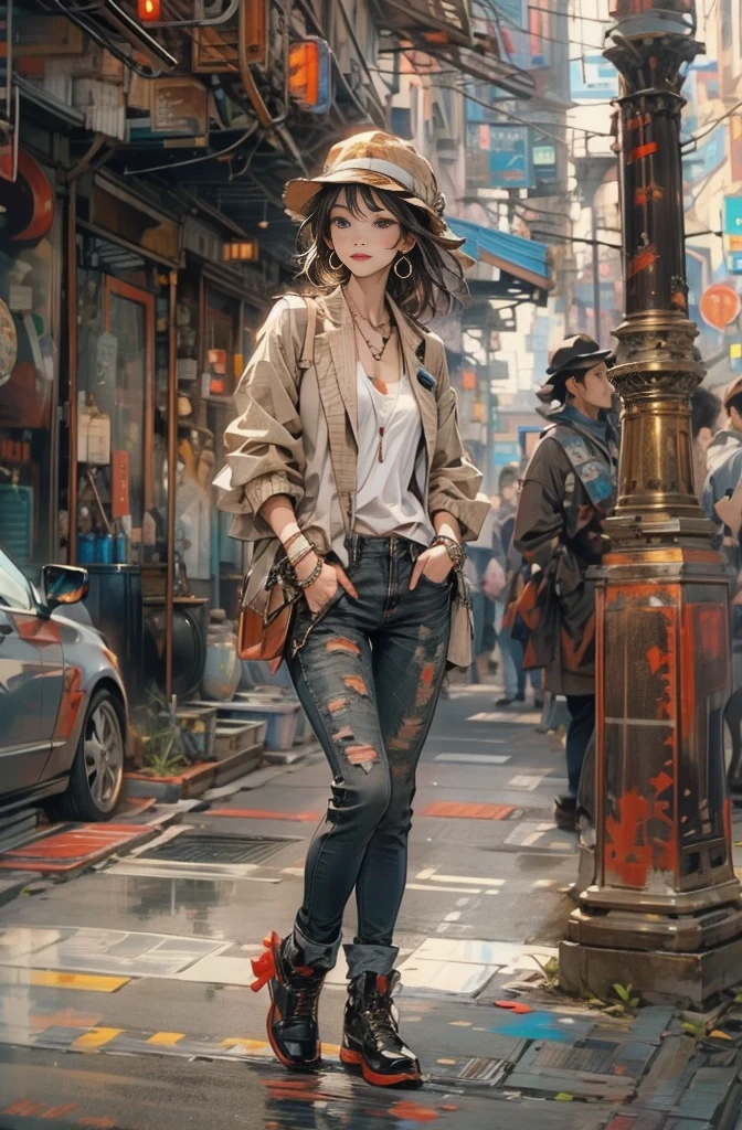 Photo of a beautiful Asian woman standing on a street corner, Perfect model body shape, Stylish pants style, Colorful brown sweater, Stylish hats, Very stylish, Fashion Model, Main Street, A woman in a hat is standing on a city street, artwork in the style of Gweitz, Trending on cgstation, Ross Tran&#39;s style, Lost at 8k, author：Li Song, Realistic anime 3D style, By Russell Dongjun Lu, Lostland Style, Trending on cgstation, Gweitz, 美しいデジタルアートワークwith influence of Jeremy Mann, Jeremy Mann, style of Jeremy Mann, Jeremy Mann painting, Jeremy Mann art, Ron Hicks, Liepke, Jeremy Mann and alphonse mucha, Works that influenced Edmund Blampidt, Robert Lenkiewicz, Casey Bo and James Jean, Works that influenced Willem Kalf, Nick Alm, tumbler, Figurative art, Intense watercolor, Watercolor detailed art,Beautiful and expressive paintings, Beautiful artwork illustration, wonderful, Cool Beauty, masterpiece, Highest quality, Official Art, Perfect composition, The perfect angle, Best Shot, Perfect subject, women only, Sharp contours, romantic, Sulky, Very beautiful and detailed, Beautiful and delicate eyes, Ideal animation, sentimental,Tokyo, Roppongi area, Zoom out
