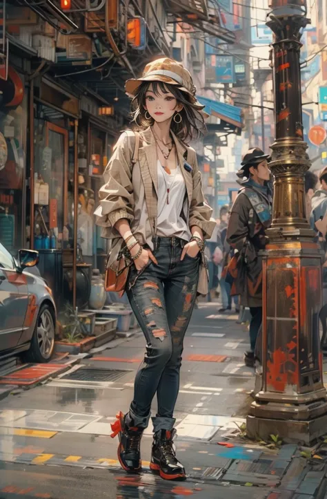 Photo of a beautiful Asian woman standing on a street corner, Perfect model body shape, Stylish pants style, Colorful brown swea...