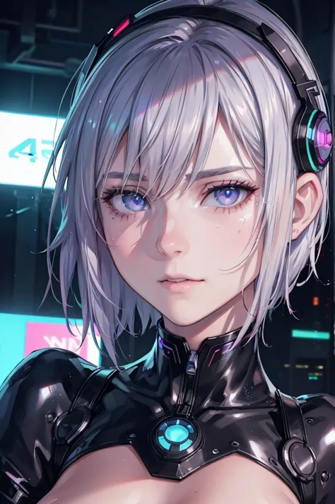 cyberpunk, latex, silver hair, short hair, silver eyes,  girl, big breasts, (best quality,4k,8k,highres,masterpiece:1.2),ultra-d...