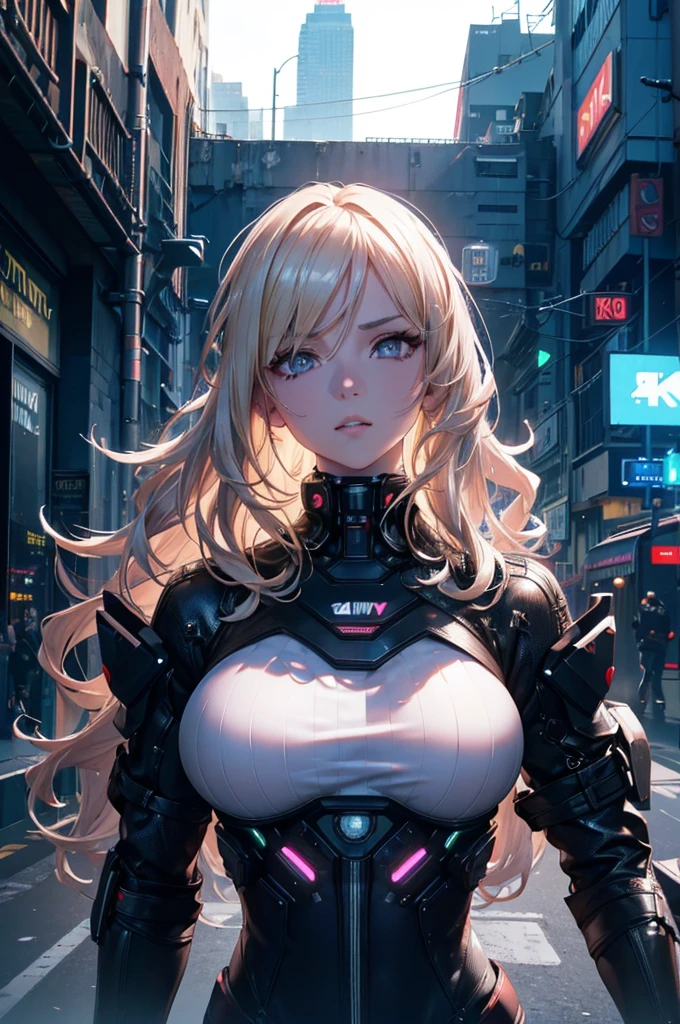 cyberpunk, latex, cheveux blond, cheveux ondulés, Yeux argentés, s, fille, Gros seins, (Meilleure qualité,4k,8k,haute résolution,chef-d&#39;œuvre:1.2),ultra-détaillé,(Réaliste,photoRéaliste,photo-Réaliste:1.37),détails complexes, Éclairage cinématographique, Visage très détaillé, yeux et visage extrêmement détaillés, Beaux yeux détaillés, belles lèvres détaillées, long cils, pose dramatique, action dynamique, néons, ville futuriste, technologie avancée, reflets éclatants, Couleurs vives