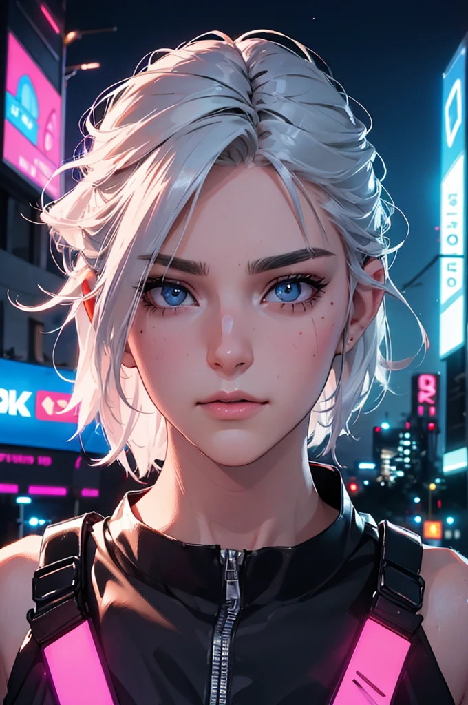 cyberpunk, latex, silver hair, short hair, silver eyes,  girl, big breasts, (best quality,4k,8k,highres,masterpiece:1.2),ultra-detailed,(realistic,photorealistic,photo-realistic:1.37),intricate details, cinematic lighting, highly detailed face, extremely detailed eyes and face, beautiful detailed eyes, beautiful detailed lips, longeyelashes, dramatic pose, dynamic action, neon lights, futuristic city, advanced technology, glowing highlights, vivid colors