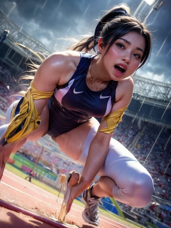 Best quality, highest resolution, masterpiece, detailed and realistic human body, (photorealistic: 1.2), (Sharp focus: 1.2), (Perfect anatomy), 1girl, Beautiful 2 Olympic track and field athlete, (Jumping in the long jump), (Beautiful form jumping (high)), (Floating (high) in the air), (Looking at the viewer with wide eyes), (Opening her mouth and roaring: 1.3), (Flying with her body arched and legs wide open), (Drenched from head to toe in pouring rain: 1.2), (Rain dripping from her skin: 1.3), (Glow effect), (Dark with heavy rain), Black tall ponytail, Cowboy shot, (Beautiful A beautiful face, a detailed and perfect face, big and even eyes), ample breasts, beautiful curves, glowing skin all over, fair skin, (rain-soaked skin-revealing uniform: 1.3), (rain-soaked navy blue bloomers), (stormy weather), ((pouring rain)), (depth field: 1.3), (Olympic track and field stadium: 1.3), soft light, ambient lighting, ((blur)),