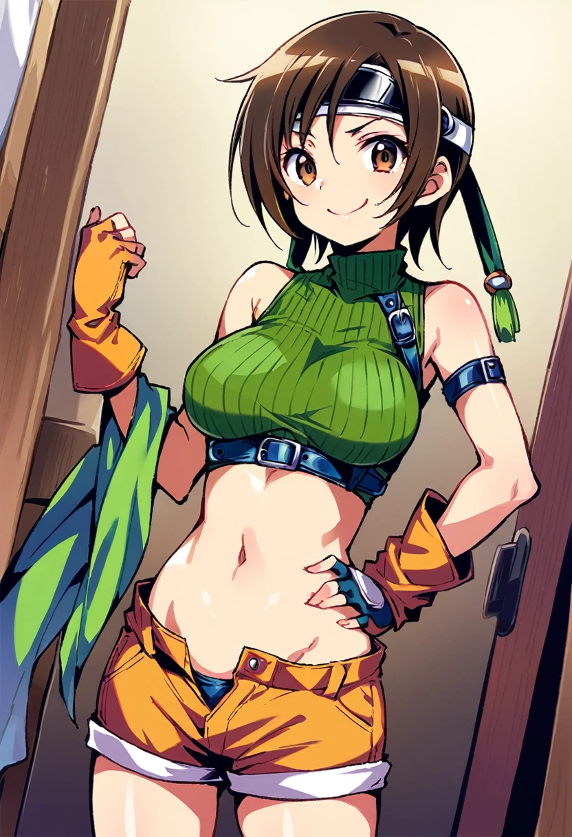 score_9, score_8_up, score_7_up,,BREAK , top angle:1.2.,mediumshot,(Standing pose),soro focus,1girl, yuffie kisaragi, final fantasy, short hair,headband,navel,sleeveless,turtleneck,brown eyes,sleeveless turtleneck,solo,breasts,looking at viewer,smile,gloves,crop top,brown hair,shorts,midriff,,sweater,open fly,armor,fingerless gloves,ribbed sweater,medium breasts,,smile,smug,best quality,aesthetic,very aesthetic,masterpiece,high-resolution,  (Proportion).,