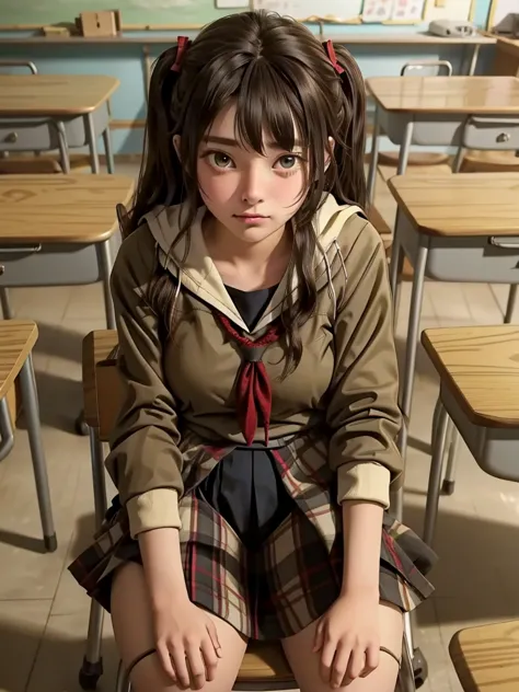 A high school girl tries to fart， shy, Best quality, classroom，chair