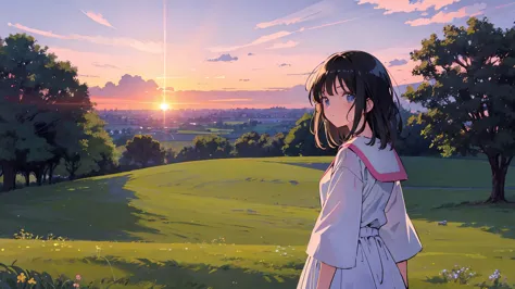 1 girl, 80s anime style, Summer countryside landscape, Sunset outside、Beautiful black-haired girl、Retro, Lo-Fi