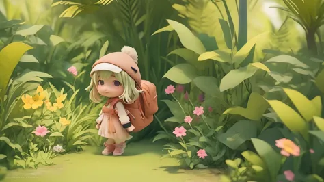 There is a poster with a cartoon character in a hat and backpack, female explorer mini cute girl, walking in the wilderness, flower jungle, animation style rendering, cute 3 D rendering, small characters. Unreal Engine 5, stylized anime, cute detailed digital art, Atey Ghailan 8 K, stylized 3D rendering, adventure surreal rendering, anime style 3D, 3D rendering stylized