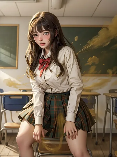 A high school girl tries to fart， shy, Best quality, classroom，chair，farting constantly