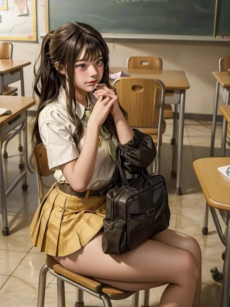 A high school girl tries to fart， shy, Best quality, classroom，chair，farting constantly