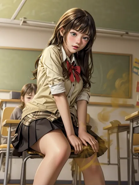 A high school girl tries to fart， shy, Best quality, classroom，chair，farting constantly