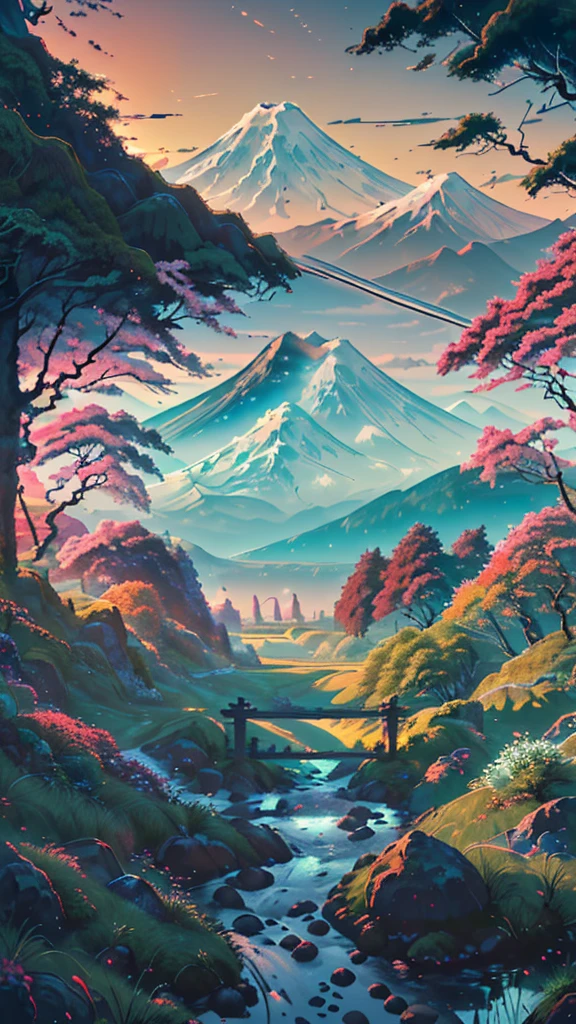 Um vale japonês se desenrola com o Monte Fuji ao fundo. Ao lado da grama vibrante, uma estrada estreita serpenteia, acompanhada pela presença de árvores altas, realçando a beleza serena da paisagem.