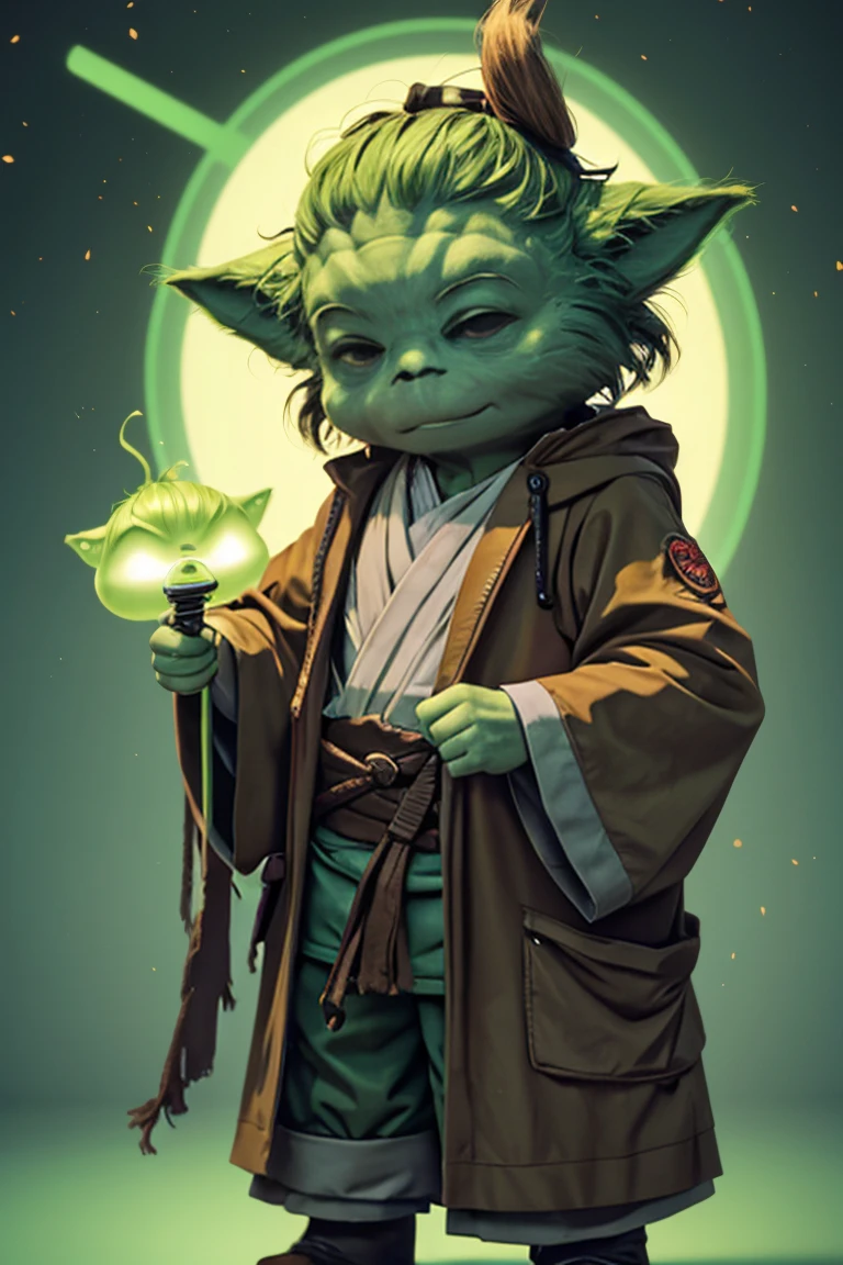 Yoda baixo com uma cabeça cheia de cabelos grossos e desgrenhados