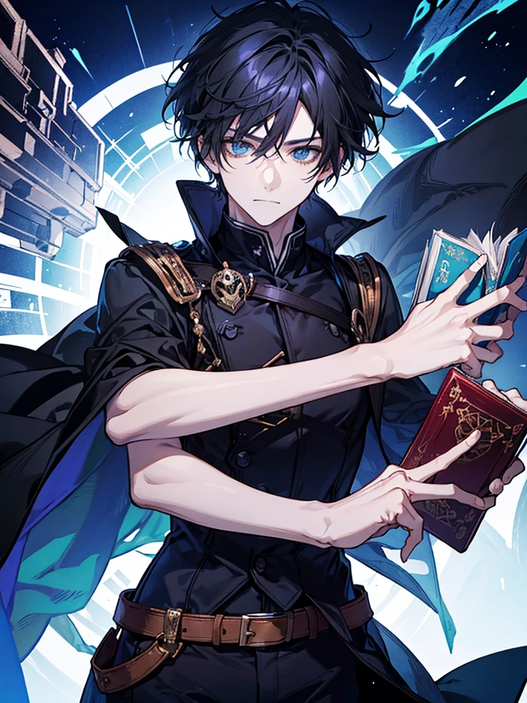 A solo cat boy,With a left skull hand, holding a magic book, a wizard, his eyes are bandaged, him hair is black, bust up!! Macig