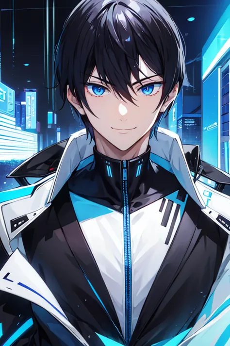 portrait, male, beauty, black hair, blue eyes, cyberpunk, black shirt, white coat, genius, smile, no ear decoration