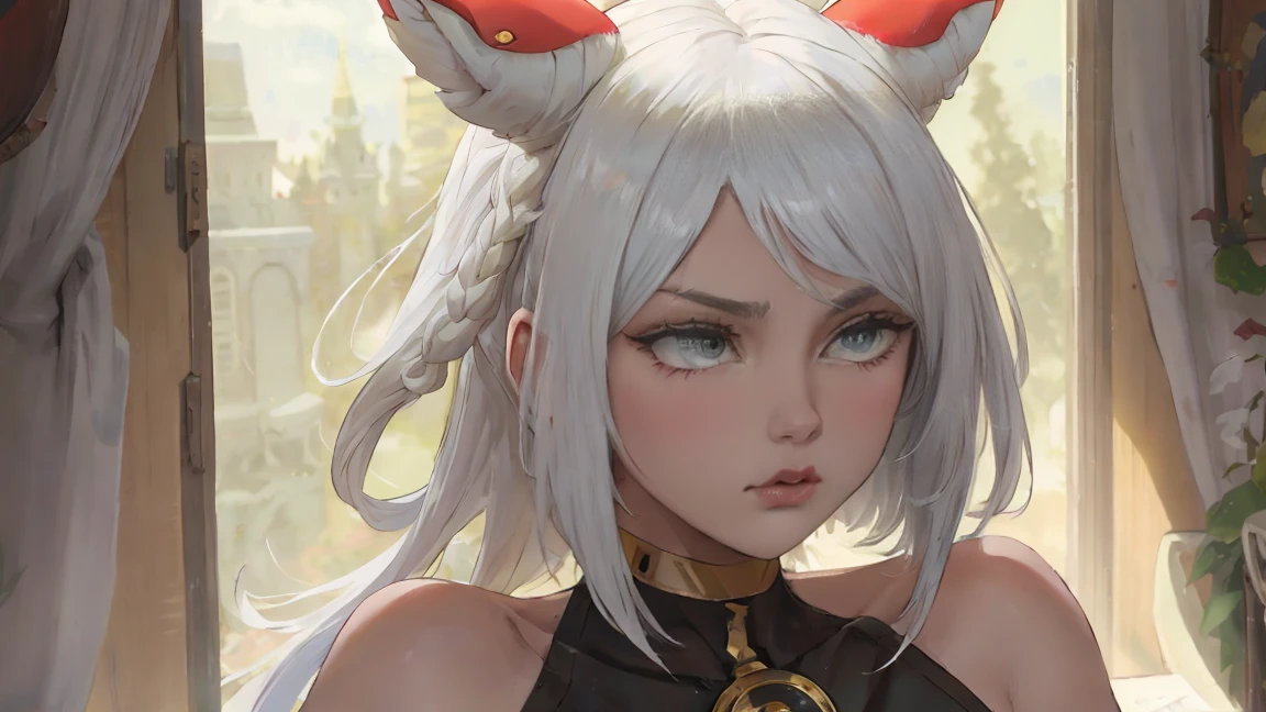 1 girl,  White hair, yellow eyes,   portrait, realistic, towel, (hit), Side lighting, wallpaper, NFV, full length (full body 1.1.), White hair, yellow eyes,  (animal ears|red horn:0.85),Navel,(masterpiece,Best quality:1.5),fiction, Raw photo, best photo, best photo quality, 8K quality, 8k ultra, bright skin, (bright eyes), detailed eyes, beautiful hair