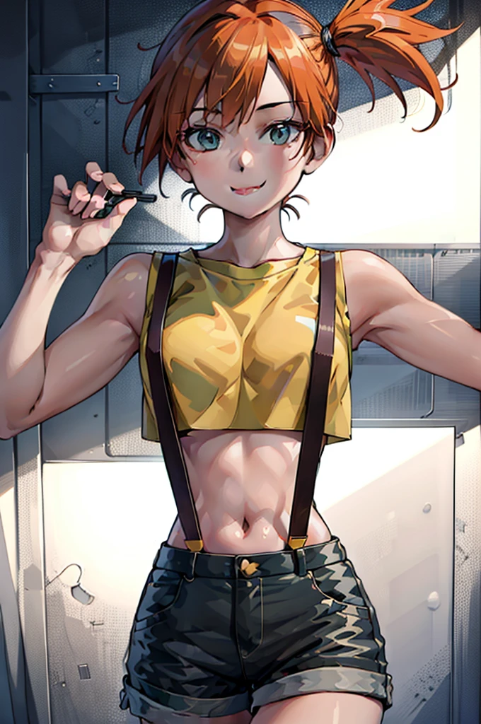 ((masterpiece,best quality)), absurdres,
Misty_Pokemon, yellow crop top, suspenders, side ponytail, 
solo, smiling, looking at viewer, cowboy shot, 
cinematic composition, dynamic pose,