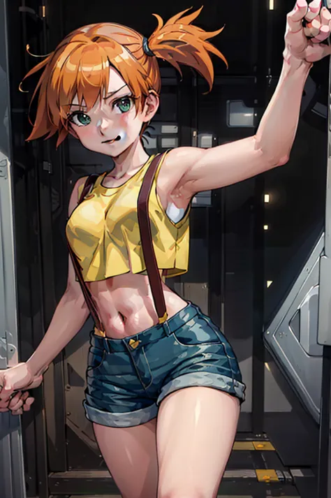 ((masterpiece,best quality)), absurdres,
Misty_Pokemon, yellow crop top, suspenders, side ponytail, 
solo, smiling, looking at v...