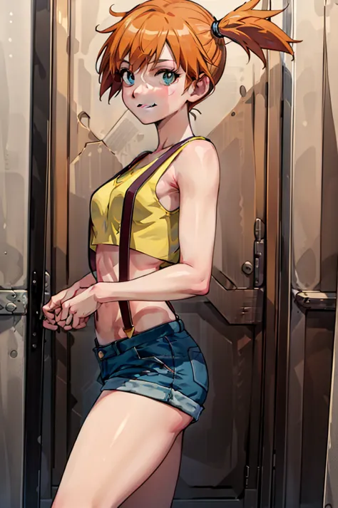 ((masterpiece,best quality)), absurdres,
Misty_Pokemon, yellow crop top, suspenders, side ponytail, 
solo, smiling, looking at v...