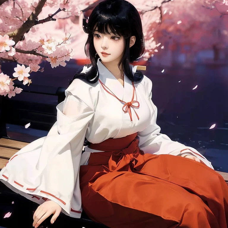 anime girl sitting on a bench with cherry blossoms in the background, inspired by Kusumi Morikage, inspired by Nishikawa Sukenobu, hinata hyuga, rumiko, iwakura lain, beautiful anime woman, official art, rei hino as a princess, misato katsuragi, close up iwakura lain, anime woman