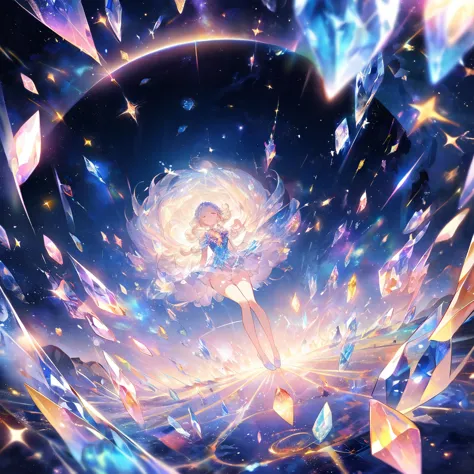 the crystal girl curled up in the center of the picture，surrounded by space and stardust