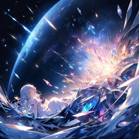 the crystal girl curled up in the center of the picture，surrounded by space and stardust