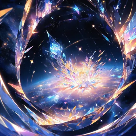 the crystal girl curled up in the center of the picture，surrounded by space and stardust