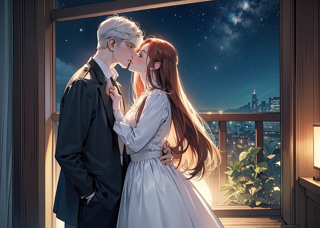 (Best Quality Detailed Image Beautiful Photorealistic Spectacular Night Image 8K 1:1) ((A girl kisses a man under a tree at starry night)), (digital art digital illustration) (camera focused on face) (cool colors dim lighting) Manhwa Art (red hair man) (very tall man ((redhead)) frío de 29 años muy elegant con estilo de espalda. Ropa elegant ((Brown jacket and shirt)), is standing stunned,  green eyes (surprised look rostro perfecto líneas perfectaa).elegant, surprised look, pale eyes, ((Male square face)), facial hair, Open eyes), is kissed by surprise by (a beautiful young woman with white hair, with white nightgown and black leather vest, for the rebel whites, closed eyes, she is shorter than him, soft and perfect lips, femininity and masculinity, ((romantic scene)), ((corresponding individual aspects)), ((just a man and a woman))).