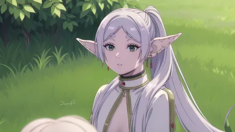 to freeze, to freeze, long hair, ponytail, (green eyes:1.5), White hair, pointed ears, elf, very feminine, shows bare chest, nak...