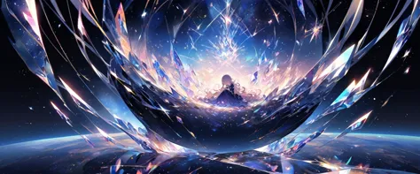 the crystal girl curled up in the center of the picture，surrounded by space and stardust